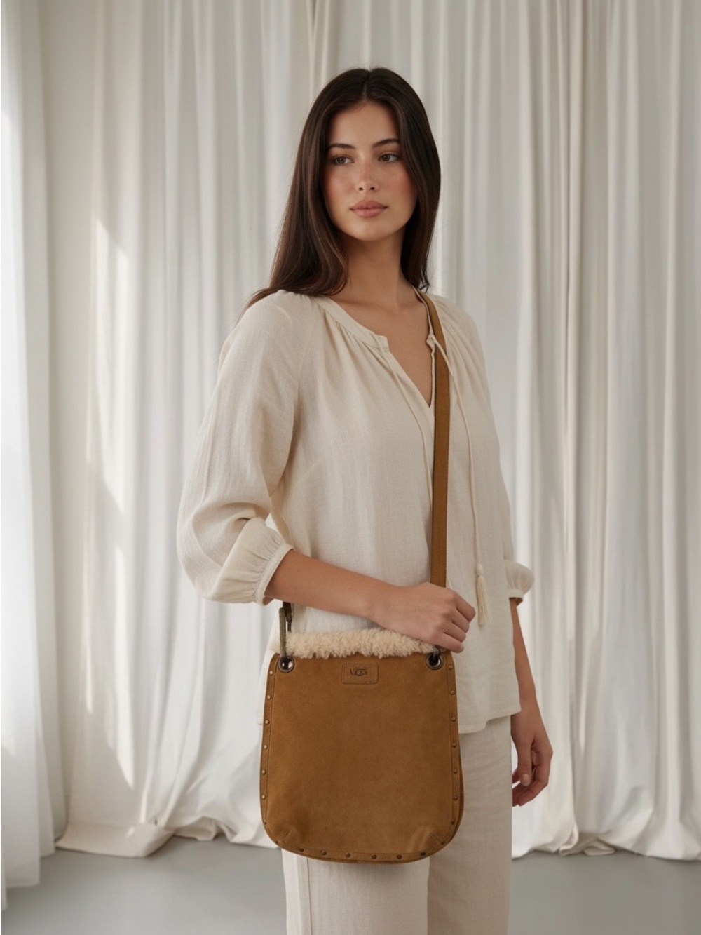 Ugg Suede Shearling-Trim Crossbody Bag in Tan